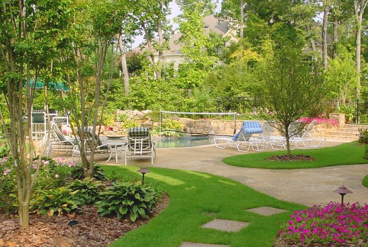 Lush Backyard With Pool And Pathways In Marietta, GA