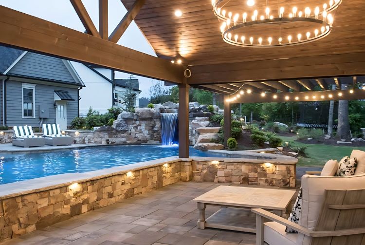 Luxury Backyard Pool with Covered Patio In Cumming, GA